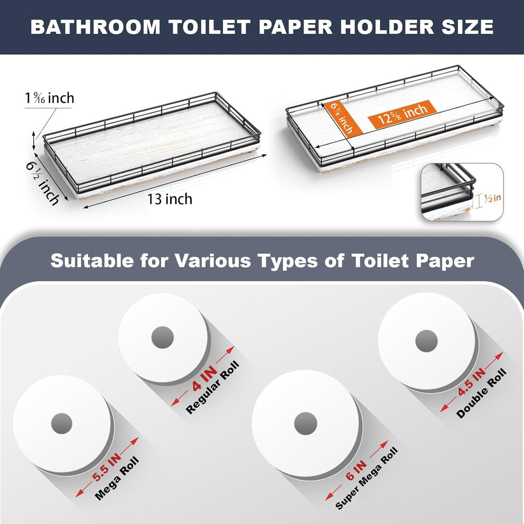 Bathroom Toilet Tank Tray, 13" Wood Toilet Paper Storage Basket Tray Back of Toilet Basket Organizer,Vanity Tray for Perfume Makeup Candle Decor, Black & Farmhouse White