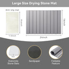 Large Fast Dry Stone Mat, 24" x 16" Drying Board Diatomaceous for Kitchen Counter, Dish Drying Mat, Bathroom Absorbent Pad, Drying Stone Mat for Kitchen, Utensils, Vegetable, Fruits, Gray