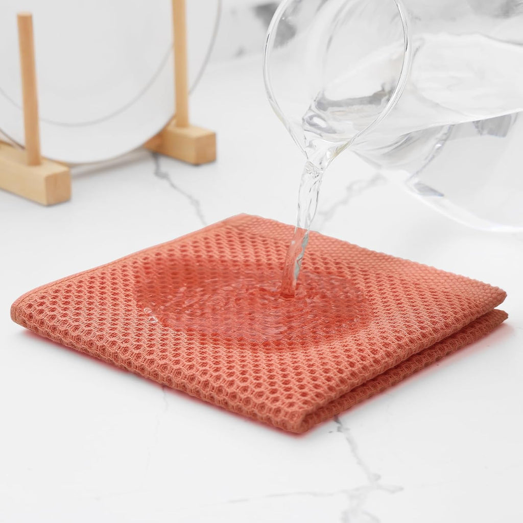Kitinjoy 100% Cotton Kitchen Dish Cloths, 8 Pack Waffle Weave Ultra Soft Absorbent Dish Towels for Drying Dishes Quick Drying Kitchen Towels Dish Rags, 12 X 12 Inches, Coral