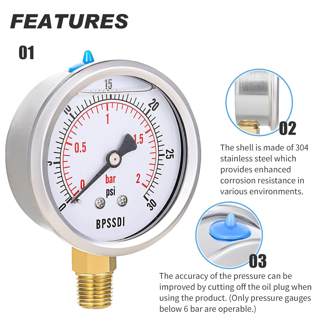 0-30 Psi Glycerin Liquid Filled Low Pressure Gauge, 2.5" Dial Size, 1/4" NPT Lower Mount, 304 Stainless Steel Case, for Water Pipe, HVAC, Water Oil Air Pressure Test