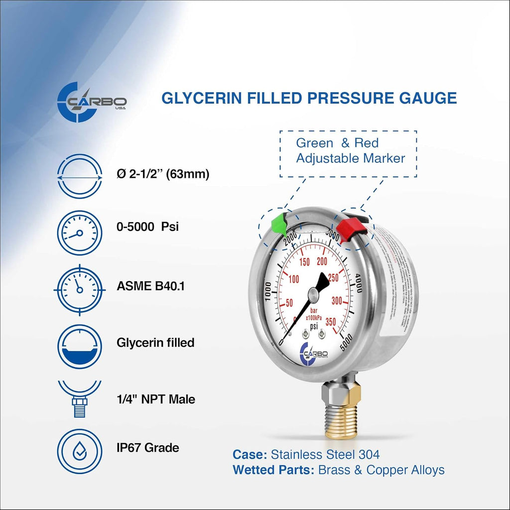 Stainless Steel Pressure Gauge Dual Display (0-5000 psi/kPa) - 2 1-2" Glycerine Liquid Filled Water Air Oil Gas Gauge with Polycarbonate Lens & Brass Connection -1/4" NPT Lower Mount