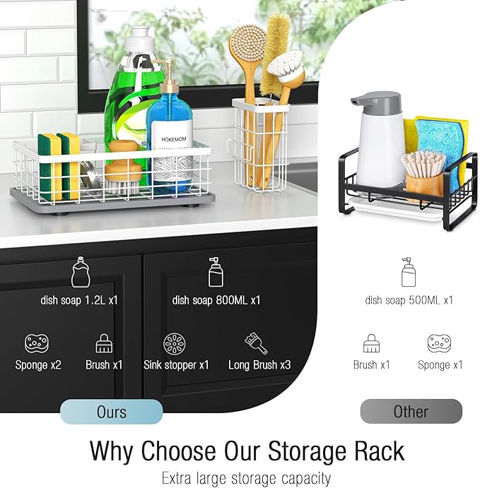 Large Family-Sized Sponge Holder for Kitchen Sink with Brush Holder - Drain-Free Non-Slip Base, 2.6mm Stainless Steel with White Rust-Resistant Coating-10.24"L x 6.5"W x 5.83"H Sink Organizer