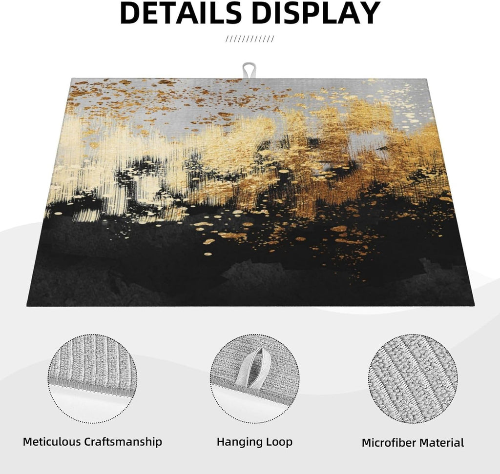 Black Gold Art Splash Dish Drying Mat for Kitchen Counter, Absorbent Microfiber Abstract Modern Drying Pad, Luxury Decorative Foldable Kitchen Mat for Sink & Coffee Bar, Black Home Decor, 18 x 24 inch