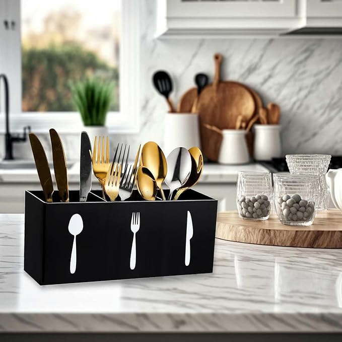 2 Pcs Acrylic Cutlery Storage Organizer Bin Silverware Cutlery Utensil Holder Caddy Knife Spoon and Fork Organizer 3 Section Tableware Storage Box for Kitchen Cabinet Flatware Dining Room Party