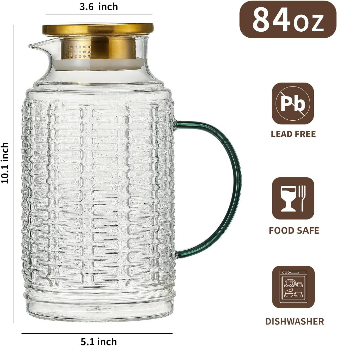Glass Pitcher with Lid, 2 PACK 84 oz/2.5 Liter Vintage Water Pitcher, Clear Borosilicate Glass Water Carafe for Cold Brew, Coffee, Lemonade, Iced Tea,Beverage, Heat Resistant Water Glass Jug