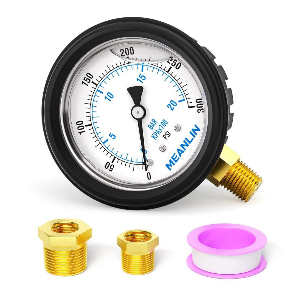 MEANLIN MEASURE 0~300Psi Stainless Steel 1/4" NPT 2.5" FACE DIAL Liquid Filled Pressure Gauge, Lower Mount (with Rubber Protective Sleeve), with 1/2" NPT and 3/8" NPT Hex Bushing