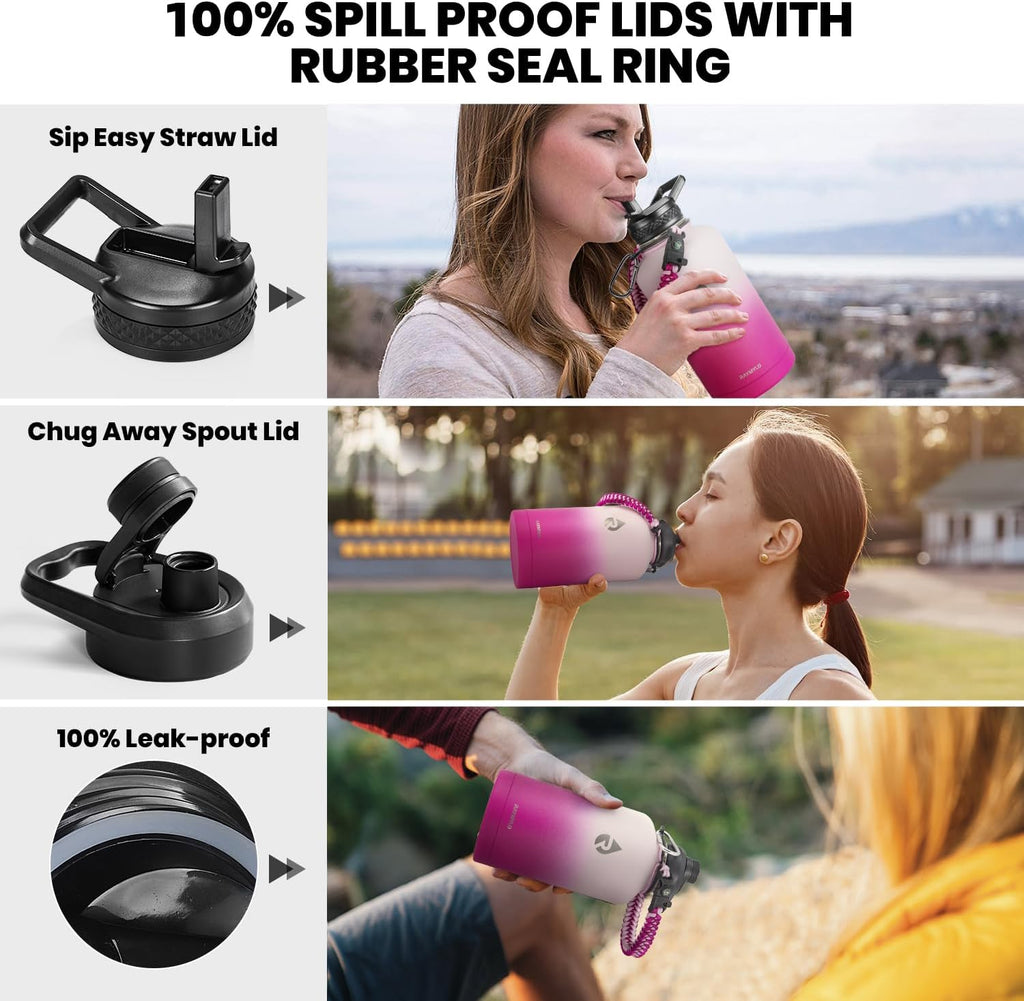 Insulated Water Bottle 64 oz, Triple Wall Vacuum Stainless Steel (Cold for 48 Hrs), Leak Proof & Non-BPA, Half Gallon Water Flask Jug with Paracord Handle & Straw Spout Lids, Ombre Pink