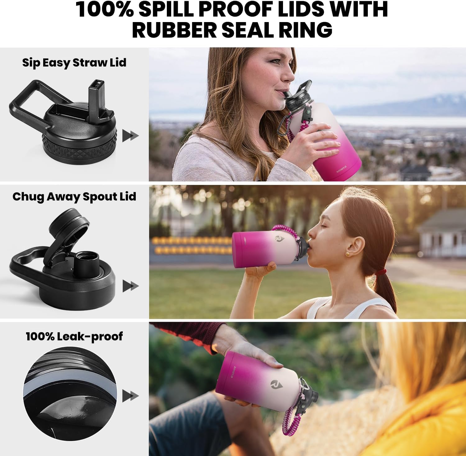 Insulated Water Bottle 64 oz, Triple Wall Vacuum Stainless Steel (Cold for 48 Hrs), Leak Proof & Non-BPA, Half Gallon Water Flask Jug with Paracord Handle & Straw Spout Lids, Ombre Pink