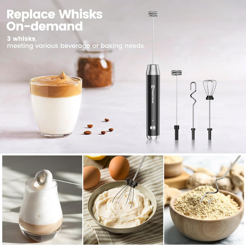 Maestri House Rechargeable Milk Frother with 3 Heads, LunaFro AS Handheld Electric Foam Maker Waterproof Detachable Stainless Steel Whisk Drink Mixer Foamer with Stand for Lattes, Cappuccino, Egg
