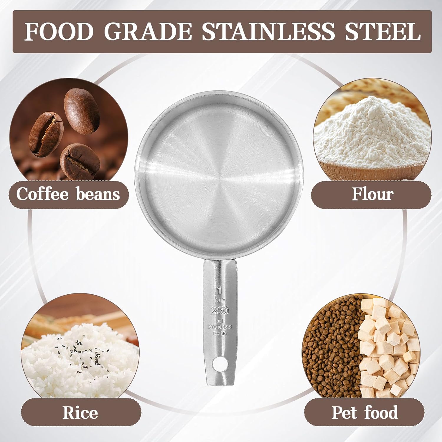 Stainless Steel Measuring Cup, Metal Measuring Cup, Small Measuring Scoops Coffee Scoop with Comfortable Hand for Kitchen Cooking Baking (4, 1 Cup)