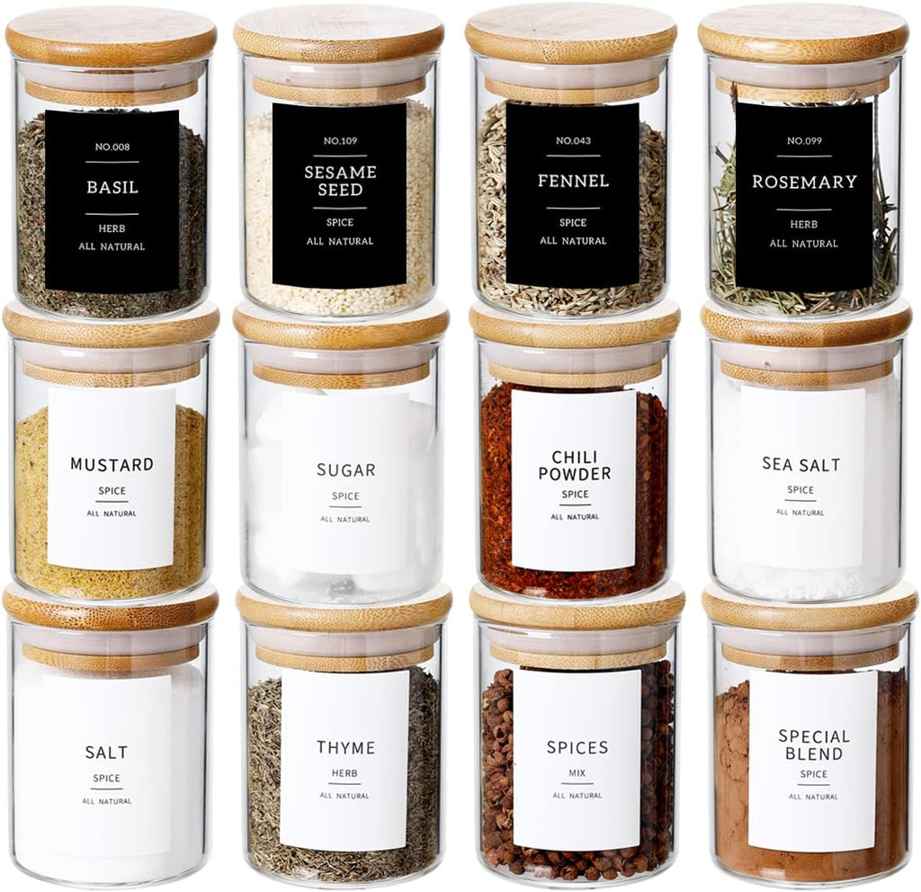 12 Pcs Glass Spice Jars With 296 Spice Labels Preprinted of White and Black Color- 6oz Thicken(2.4mm) Spice Containers With Bamboo Airtight Lids - Empty Small Herb Seasoning Jars