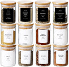 12 Pcs Glass Spice Jars With 296 Spice Labels Preprinted of White and Black Color- 6oz Thicken(2.4mm) Spice Containers With Bamboo Airtight Lids - Empty Small Herb Seasoning Jars