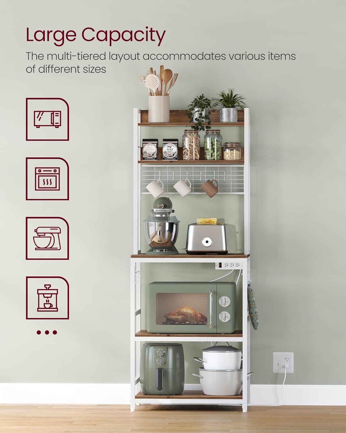 VASAGLE Hutch Bakers Rack with Power Outlet, 14 Hooks Microwave Stand, Adjustable Coffee Bar with Metal Wire Panel, Kitchen Storage Shelf, 15.7 x 23.6 x 66.9 Inches, Rustic Walnut and White UKKS037W41