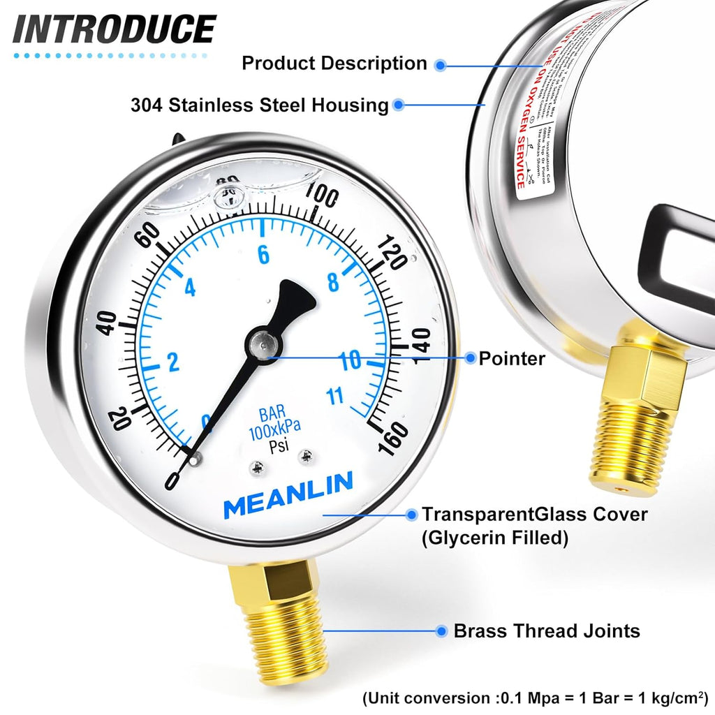 MEANLIN MEASURE 0~160Psi Stainless Steel 1/4" NPT 2.5" FACE DIAL Liquid Filled Pressure Gauge WOG Water Oil Air Lower Mount, with 1/2" NPT and 3/8" NPT Hex Bushing
