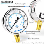 MEANLIN MEASURE 0~160Psi Stainless Steel 1/4" NPT 2.5" FACE DIAL Liquid Filled Pressure Gauge WOG Water Oil Air Lower Mount, with 1/2" NPT and 3/8" NPT Hex Bushing