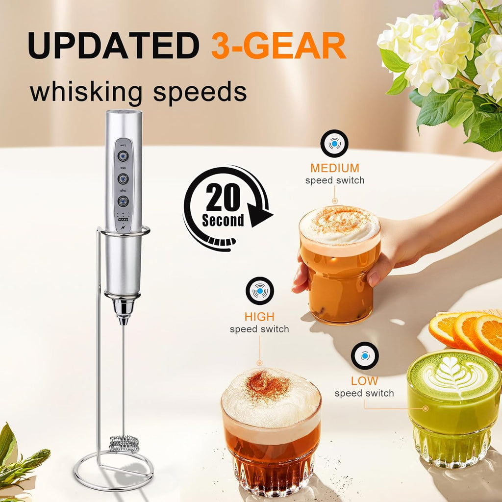 YUSWKO Silver Rechargeable Milk Frother for Coffee with Stand, Handheld Drink Mixer with 3 Heads 3 Speeds Electric Stirrers for Latte, Cappuccino, Hot Chocolate, Egg