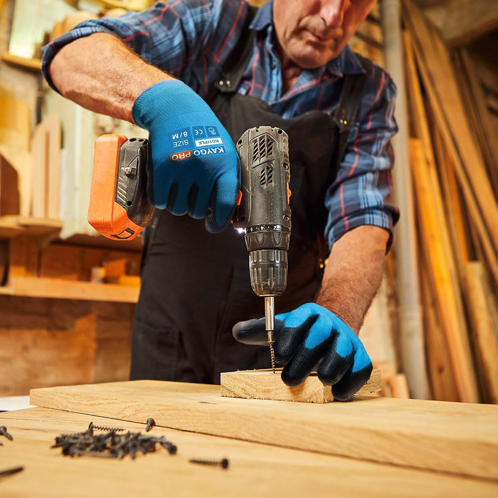 KAYGO Safety Work Gloves PU Coated for Men and Women- KG11P,12 Pairs,Seamless Knit Glove with Two Fingers Touchscreen,Ideal for General Duty Work (Blue,S)