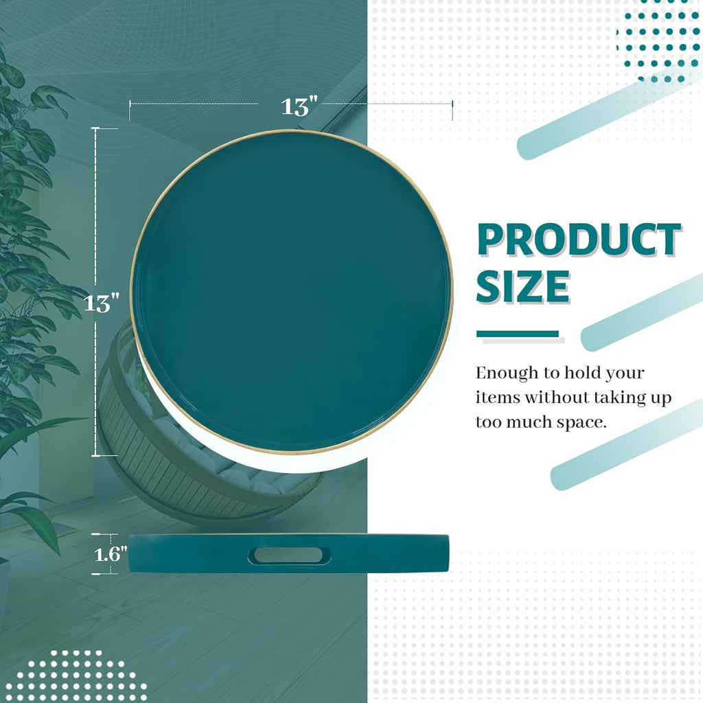 MAONAME 13" Round Tray, Teal Serving Trays with Handles, Modern Decorative Trays for Coffee Table, Plastic Ottoman Tray for Ottoman, Bathroom, Decor