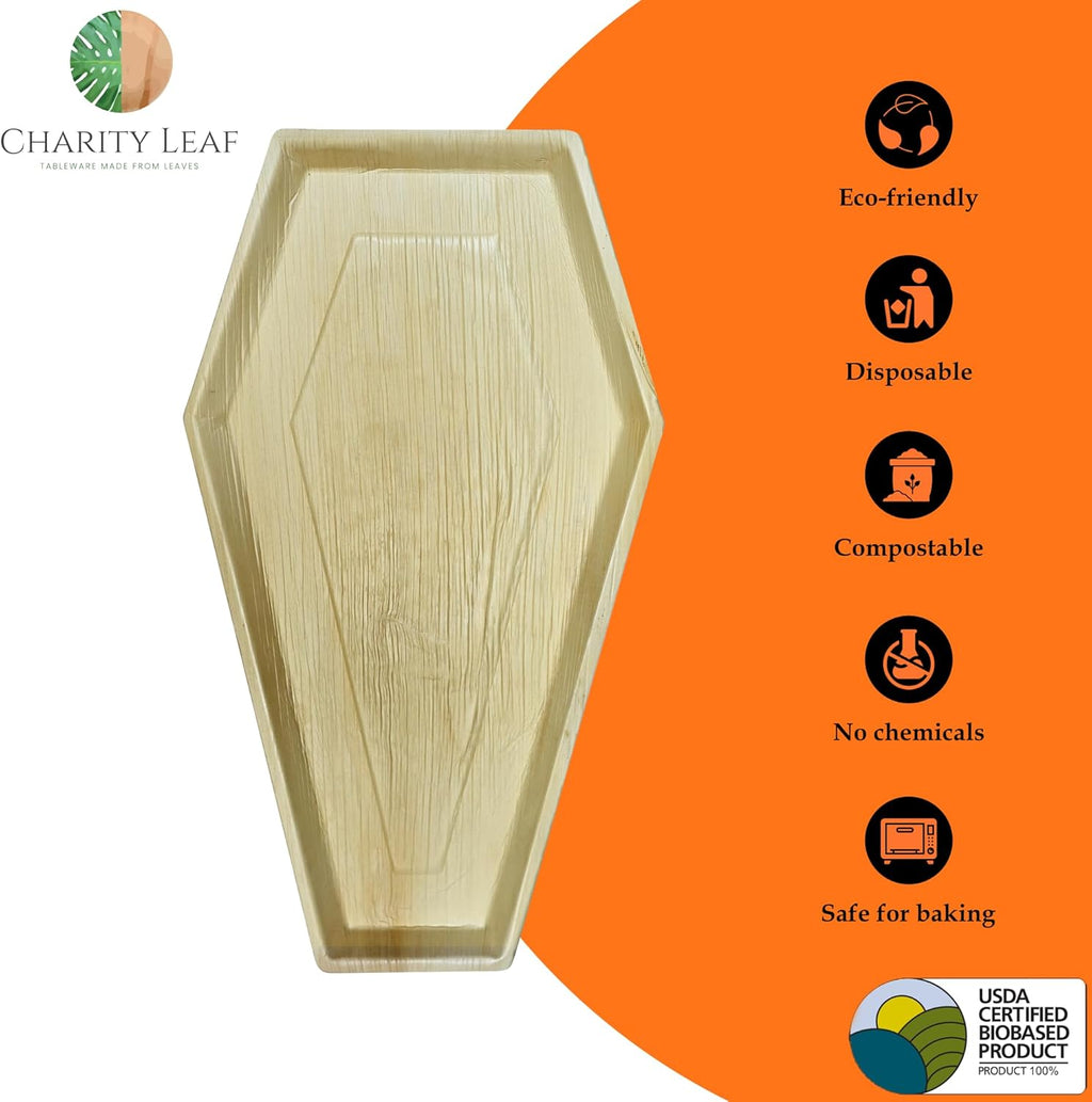 Charity Leaf Disposable Palm Leaf 22"x12" Coffin Trays (5 Pieces) Bamboo Like Serving Platters, Disposable Boards, Eco-Friendly Dinnerware for Halloween, Weddings, Catering, Events