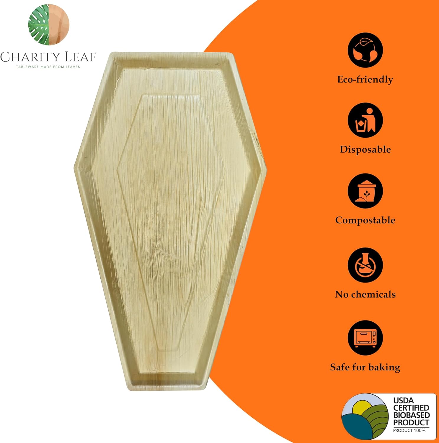 Charity Leaf Disposable Palm Leaf 22"x12" Coffin Trays (5 Pieces) Bamboo Like Serving Platters, Disposable Boards, Eco-Friendly Dinnerware for Halloween, Weddings, Catering, Events