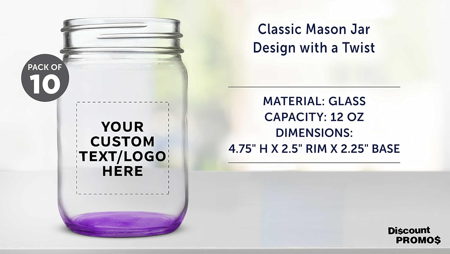 DISCOUNT PROMOS Custom Decorating Mason Jars 12 oz. Set of 10, Personalized Bulk Pack - Glass Jars for Overnight Oats, Candies, Fruits, Pickles, Spices, Beverages - Purple