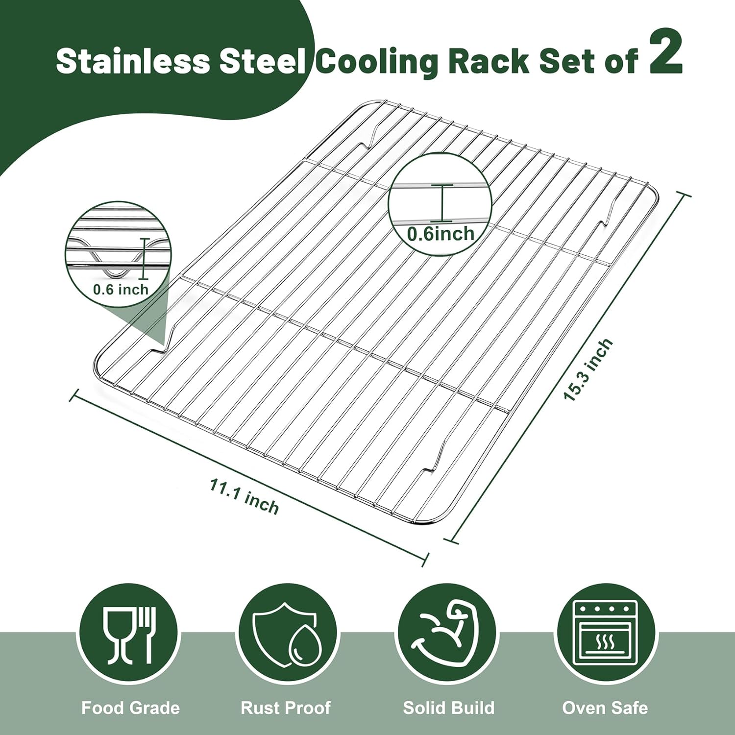 TeamFar Cooling Rack, 15.3” x 11.1” Stainless Steel Wire Baking Rack for Cooking Roasting Grilling, Fit for Oven Pan, Oven & Dishwasher Safe, Non-toxic & Heavy-Duty, 2PCS