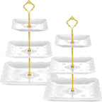Tatuo 2 Pcs 3 Tier Porcelain Cupcake Stand, Cup Cake Holder Tower, Pastry Serving Elegant Dessert White Ceramic Tiered Stand for Wedding, Birthday, Tea Party(Lace Square Shape)