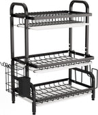 1Easylife Drying Rack, Metal 3-Tier Large Capacity Dish Rack with Utensil Holder, Cutting Board Holder, Drain Board Tray for Kitchen Counter Storage (Black)