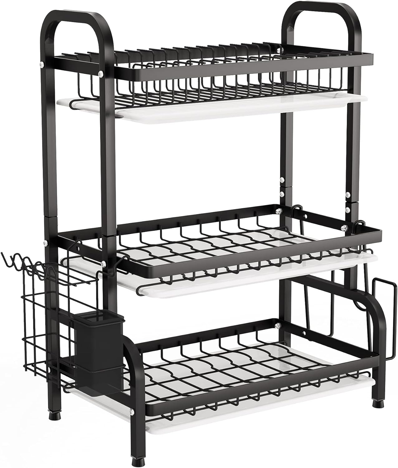 1Easylife Drying Rack, Metal 3-Tier Large Capacity Dish Rack with Utensil Holder, Cutting Board Holder, Drain Board Tray for Kitchen Counter Storage (Black)