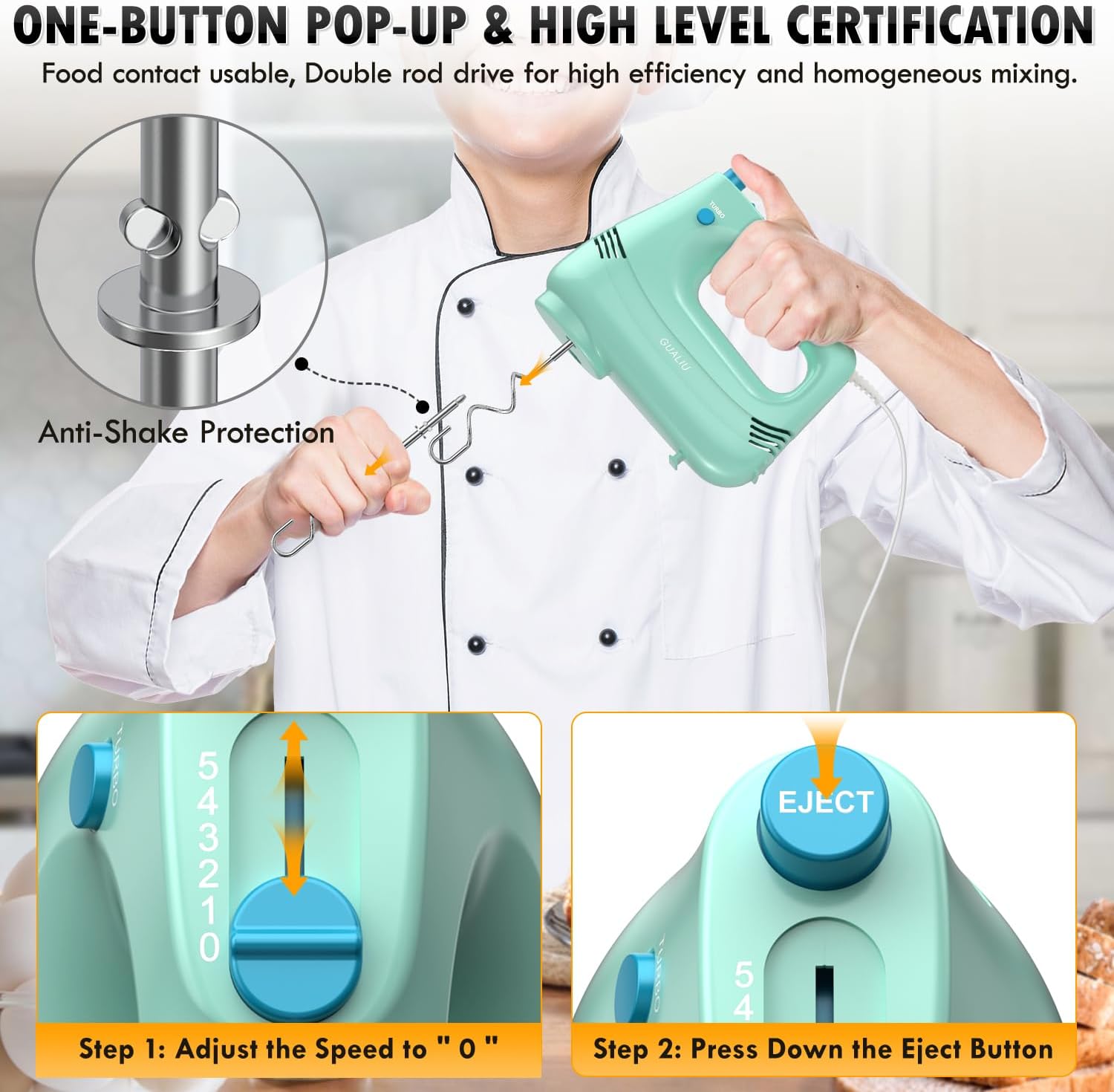 Electric Hand Mixer with Stainless Steel Whisk, Dough Hook Attachment and Storage Bag, Handheld Mixer for Baking Cakes, Eggs, Cream Food Mixers. Turbo Boost /5 Speed Kitchen Blender GREEN