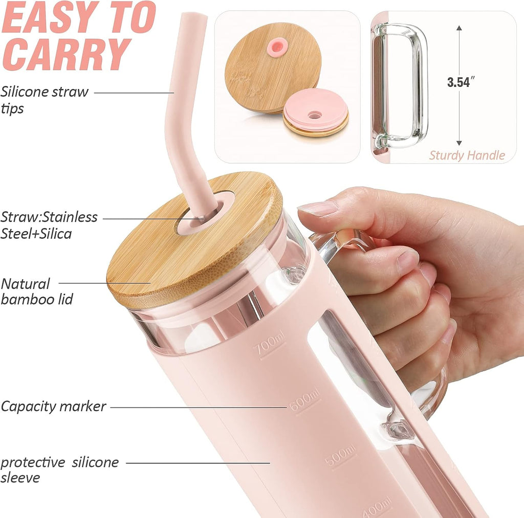 Kodrine Glass Tumbler with Lid and Straw, 24 oz, Iced Coffee Cup Boba Smoothie Cup, Home Office Tumblers, Pink