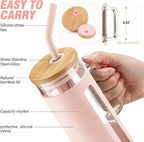 Kodrine Glass Tumbler with Lid and Straw, 24 oz, Iced Coffee Cup Boba Smoothie Cup, Home Office Tumblers, Pink