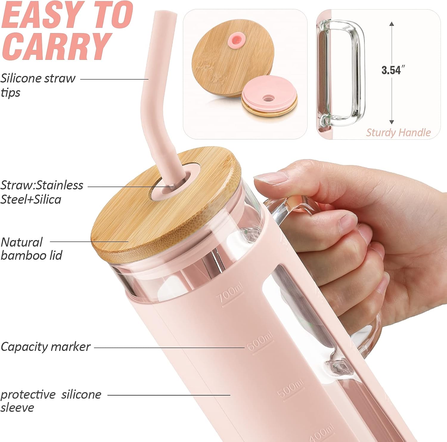 Kodrine Glass Tumbler with Lid and Straw, 24 oz, Iced Coffee Cup Boba Smoothie Cup, Home Office Tumblers, Pink