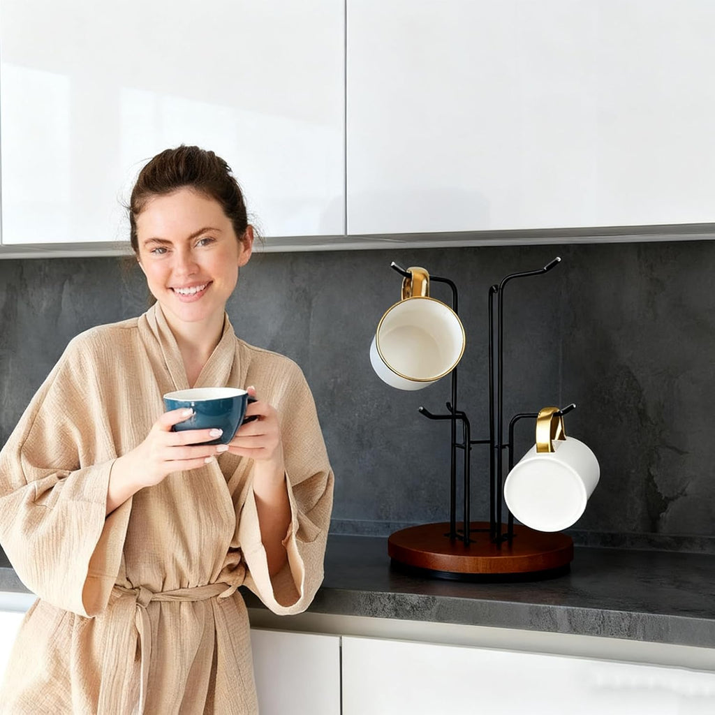 Mug Holder Tree,360° Rotated 6 Hooks Coffee Cup Holder for Large Cups,Metal Coffee Cup Rack Stand for Countertop with Stable Wooden Base, Kitchen Counter Decor