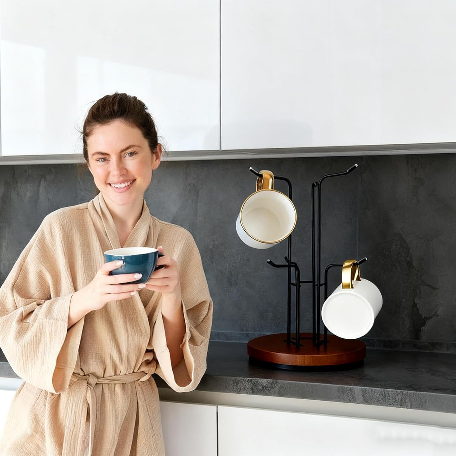 Mug Holder Tree,360° Rotated 6 Hooks Coffee Cup Holder for Large Cups,Metal Coffee Cup Rack Stand for Countertop with Stable Wooden Base, Kitchen Counter Decor