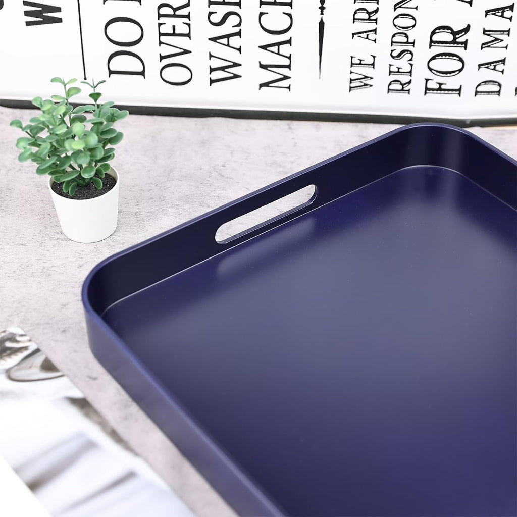Square Navy Blue Decorative Serving Tray with Handles, Versatile Ottoman Tray for Coffee Table, Entertaining, Outdoor Patio, Living Room, 13”*13”*1.6”