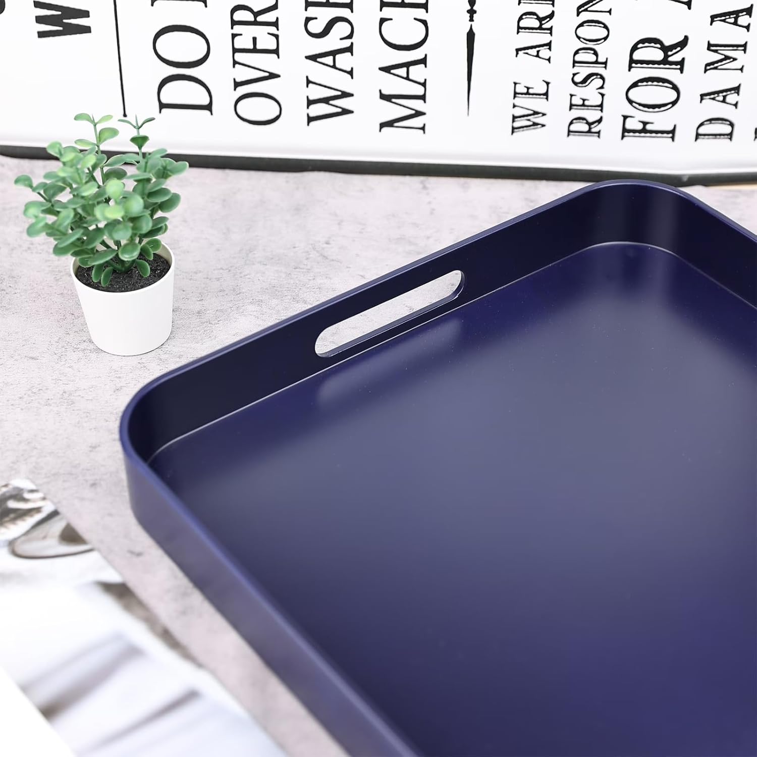 Square Navy Blue Decorative Serving Tray with Handles, Versatile Ottoman Tray for Coffee Table, Entertaining, Outdoor Patio, Living Room, 13”*13”*1.6”
