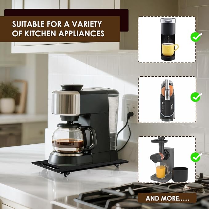 360° Sliding Tray for Coffee Maker & Kitchen Appliances - Silent Rubber Wheels, Acrylic Organizer Tray for Under Cabinet - Space Saving Countertop Accessory, 7.6x14 Inch (Black)