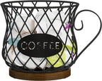 YINMIT K Cup Holder Organizer, Rustic Coffee Pod Holder Organizer, 35 Kcup Holder for Counter with Handle，Large Capacity Black Wire Coffee Capsule Basket for Kitchen Office Desktop (Circular Grid)