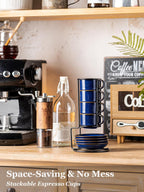Gomakren 2.5 Ounce Espresso Cups Set of 4, Small Stackable Coffee Cups with Saucers and Metal Stand, Porcelain Demitasse Cups for Specialty Coffee Drinks, Espresso, Cappuccino, Latte, Tea, Cobalt Blue