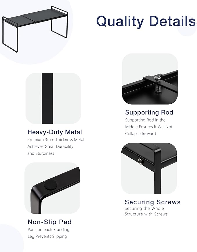 Nxconsu Expandable Cabinet Shelf Organizer Riser for Kitchen Pantry Cupboard Under Sink Countertop Home Storage Organization Rack Space Saver Freestanding Heavy Duty Nonslip Stackable Black Large