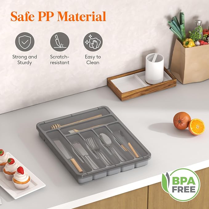 Lifewit Silverware Organizer with Lid, Covered Utensil Tray for Kitchen Drawer and Countertop, Plastic Cutlery and Flatware Storage Box for Spoons Forks Knives Holder Case, 7 Compartments, Gray