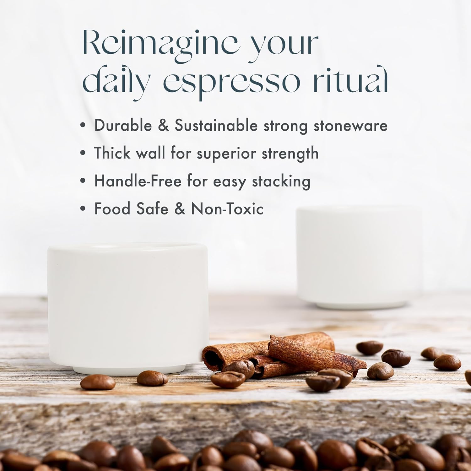 Folk Ceramics Leonard Ceramic Espresso Cups | Modern Stackable Demitasse Mugs for Espresso | Thick Walled, Handleless, Durable, Dishwasher & Microwave Safe | Set of 2, 3oz | Whisper White