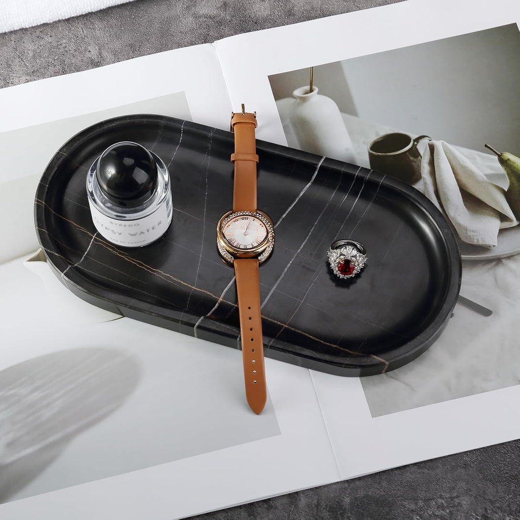 Koville Black Marble Vanity Tray for Bathroom Countertop, 10"x5" Natural Marble Catchall Tray Perfume Trays for Dresser, Stone Jewelry Dish Candle Holder for Home Decor, Stone Oval Trays