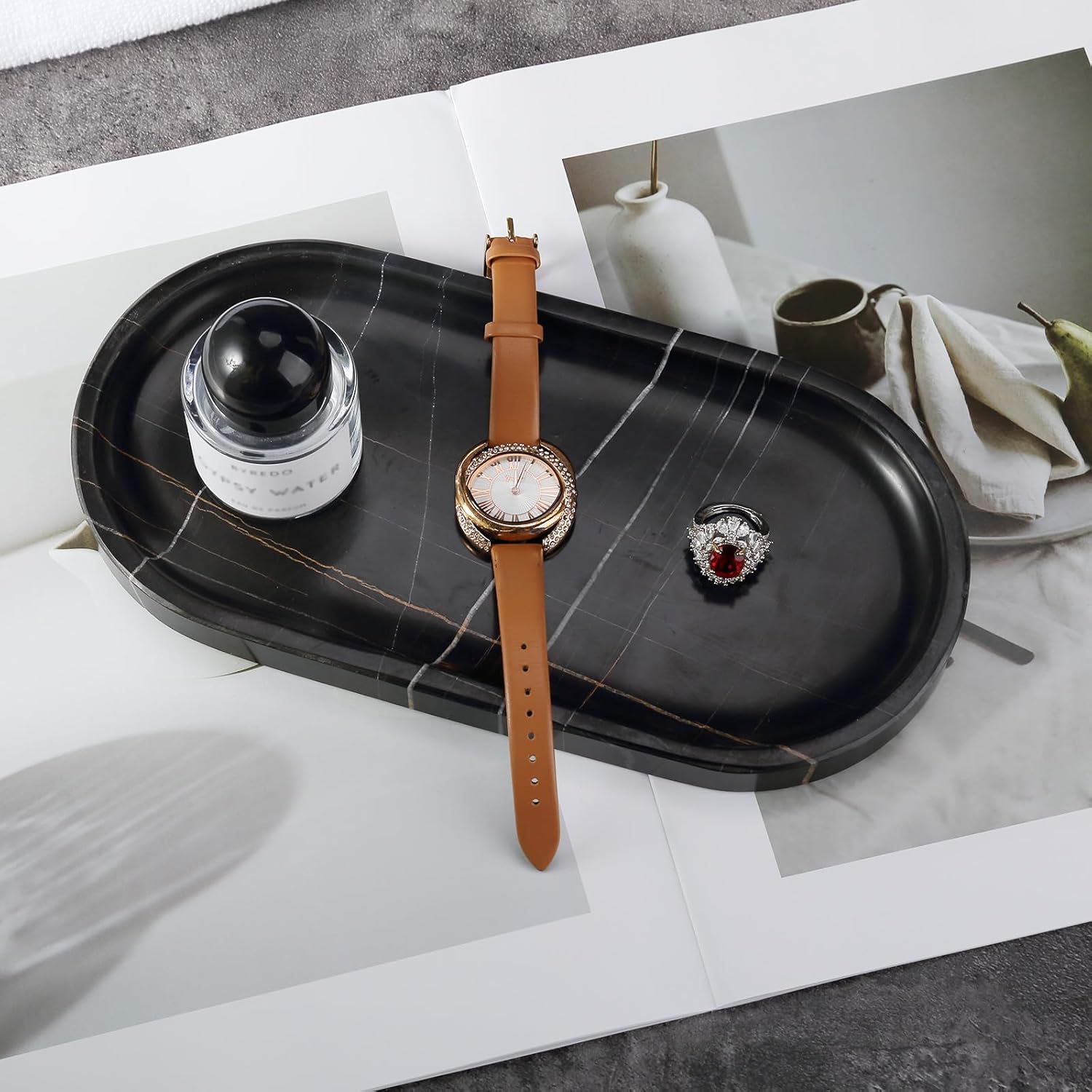 Koville Black Marble Vanity Tray for Bathroom Countertop, 10"x5" Natural Marble Catchall Tray Perfume Trays for Dresser, Stone Jewelry Dish Candle Holder for Home Decor, Stone Oval Trays