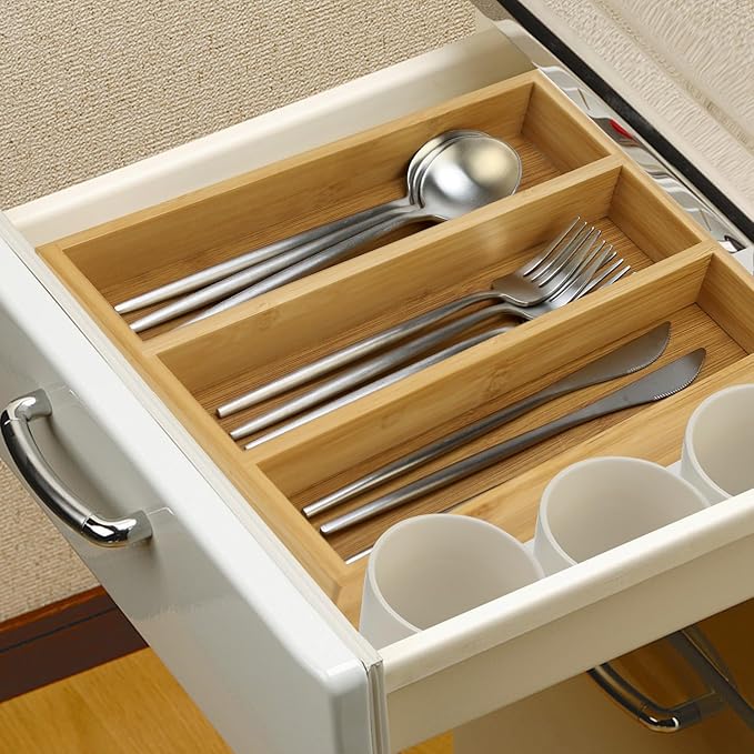 Small Silverware Drawer Organizer Kitchen Utensils Trays For Drawer Bamboo Cutlery Tray Skinny Flatware Organizer Narrow Spoon Fork Cutlery Holder Drawer Flatware Trays Slim Silverware Organizers