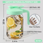 32oz Glass Pitcher with Lid &Pour Spout - 1 Quart Breastmilk Pitcher Double Leak Proof, Creamer Container for Sun Tea, Juice, Cold Brew Coffee, Breastmilk Storage Container -Green Lid