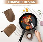 Mini Oven Mitts, Kitchen Oven Gloves Kitchen Mittens 500 Degrees Heat Resistant Baking Gloves, Non-Slip Silicone Surface with Hanging Loops Hot Gloves for Cooking, Baking, BBQ 1 Pair-Brown
