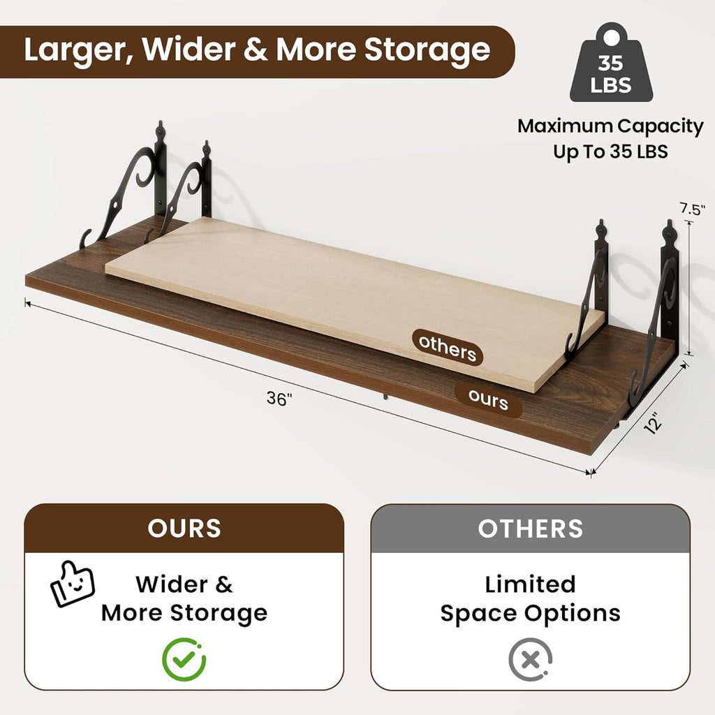 RICHFOCUS 12 Inch Deep Floating Shelves for Wall, 36" W x 12" D Wood Wall Shelves Set of 2, Wide Floating Shelves for Living Room, Bedroom, Kitchen, Bathroom and Decor Storage, Walnut