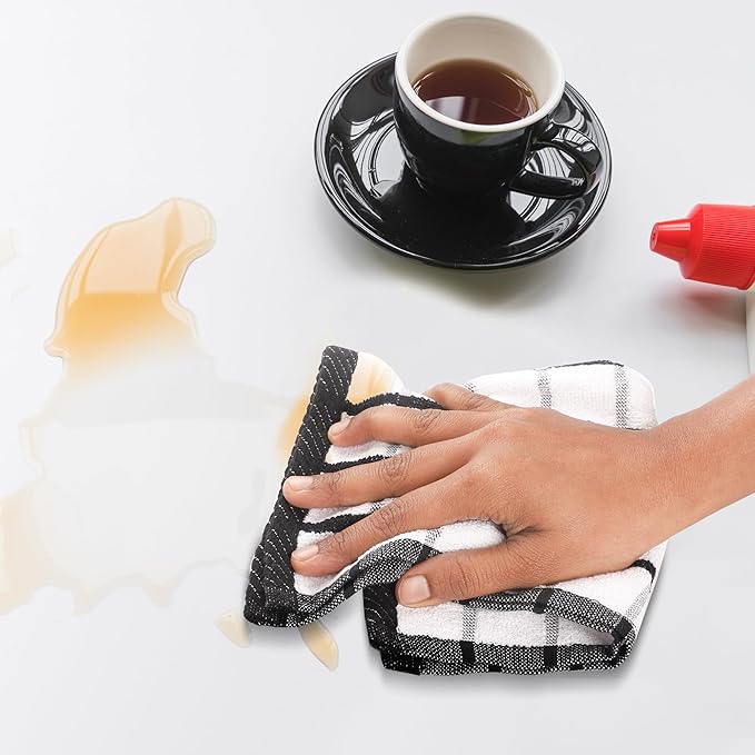 Urban Villa Dish Cloths Terry Cotton Pack of 6, Highly Absorbent Quick Drying Super Soft Premium Dish Towels for Kitchen with Hanging Loop Hand & Tea Towels - 12x12 Inch, (Black & White, Checks)